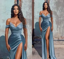 Blue Prom Dress Sexy Off Shoulder Formal Evening Party Gown High Size Split Satin Brdemaid Dresses Custom Made