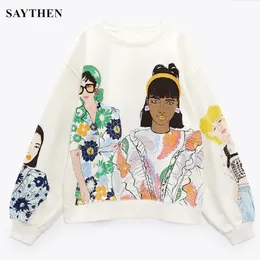 Women's Hoodies Sweatshirts Saythen Autumn Style Women's European and American Style Round Neck Longsleved Character Printing Knitted Hoodie tr￶ja 220827