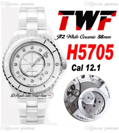 TWF J13 H5705 A12.1 Automatic Unisex Watch Mens Ladies 38mm Korea Ceramic White Dial Diamonds Markers Ceramics Bracelet Super Edition Womens Watches Puretime B2