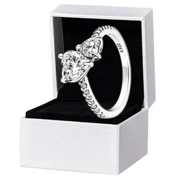 New Arrival Double Heart Sparkling Ring Solid Sier Women Girlfriend Gift Jewelry for Lover CZ Diamond Rings with Original Box Set