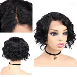 흑인 여성을위한 100% 인간 머리 가발 remy 짧은 브라질 자연파 측면 부분 레이스 l 가발 wavy