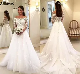 Vintage dantel aplikeler bir çizgi gelinlik ile gelinlik uzun kollu şeffaf boyun boho ülke gelinlik tül artı beden arapça aso ebi vestidos de novia cl1011