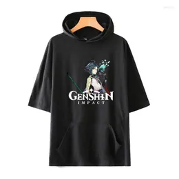 Herrtröjor 2022 Game Genshin Impact Print Croped Hooded T-shirts Men Women Unisex Harajuku Hip Hop Tracksuit Streetwear Pullover