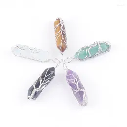 Hänge halsband 5st Natural Opal Amethyst Crystal Pillar Stone Pendants Handgjorda tråd inslagna silverträd av liv Reiki helande smycken