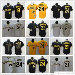 2021 Wiadomości baseball 21 Roberto Clemente koszulki zszyte 8 Willie Stargell Retro Blue Yellow 24 Barry Bonds Jersey Grey Road White Home Black Alternate