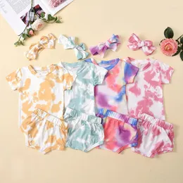 Kleidungssets für 0-2 Jahre Baby-Mädchen-Kleidung, Batik-Set, weiche T-Shirts, Tops, Shorts, Stirnband, 3-teiliges Sommer-Outfit für Kinder