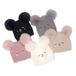 Baby Kids Knitted Hats Ball Cartoon Cat Wool Caps Boys Girls Children Knitting Warm Beanie Hat