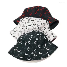 Berets JP Style Spring Summer Unisex Bucket Hats For Female Curved Moon Print Outdoor Sunshade Sunscreen Panama Fisherman Caps F194