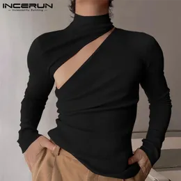 Mens TShirts Fashion T Shirt Solid Turtleneck Long Sleeve Streetwear Hollow Out Casual Clothing Fitness Camisetas INCERUN 5XL 7 220826