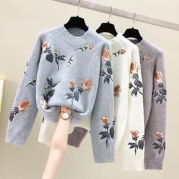 Women's Sweaters Winter Flower Embroidery Sweaters Women Wool ONeck Warm Knitted Pullovers Thick Long Sleeve Loose Jumper Female White Blue 220827