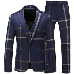 Mens Suits Blazers Jacket Vest Pants High Quality Fashion Grid Slim Fit Business Groom Wedding Plaid Coat 3 Pieces Set 220826