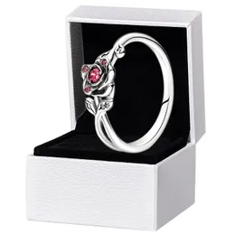 Anello fiore rosa rossa di bellezza Autentico argento sterling Donna Ragazze Gioielli di design per matrimoni per anelli di diamanti Pandora CZ con scatola originale