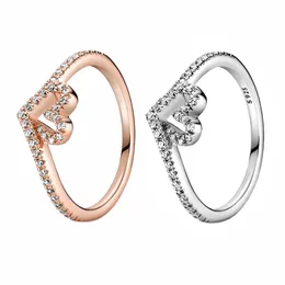 Różowe złoto 925 Sterling Silver Wishbone pierścionek z sercem kobiety dziewczęta biżuteria ślubna dla pandora CZ diamentowe pierścionki z miłością z oryginalnym pudełkiem detalicznym