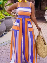 Byxor 4xl 5xl plus size Empire Jumpsuit Women Stretchy Corset Wide Leg Playsuit Summer Color Striped Print Overgreits