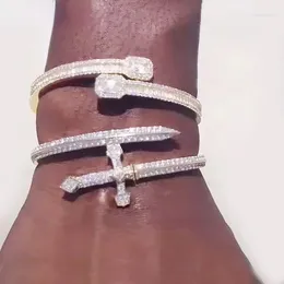 Bileklik Micro Pave 5A Kübik Zirkonya CZ Buzlu Bling Bling Cross Hip Hop Kılıç Şeklinde Bilezik Erkekler için 7 "8"