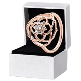 Kvinnors 18K Rose Gold Flower Wedding Ring Engagement Present smycken för Pandora 925 Sterling Silver Rings med originalboxuppsättning