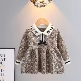 Hight Quality Baby Girls Knitted Princess Dresses Spring Autumn Letters Printed Kids Long Sleeve Dress Children Bowknot Dress 1-6 Years