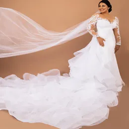 Langer Zug weißes Landhochzeitskleid mit Ärmeln Vintage Spitze Meerjungfrau Brautkleider Rüschen Dubai Braut Robe De Mariee Elegante Frauen Vestido Novia