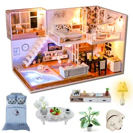 Architecture DIY House CuteBee DIY مصغرة مع الأثاث LED Music Dust Cover Model Build Build Toys for Children Casa de Boneca J16 220829