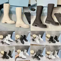 Top Quality Designer Boots Women Luxury Shoes Brand Knight High Genuine Leathe Combat Low Mid Heeled Brands Pointed Round Toe Fashion Boot Black White Color