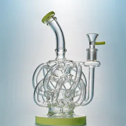 Unique 12 Recycler Tubes Hookahs Super Cyclone Pyrex Glass Bongs Thick 4mm Water Pipes 14mm Female Joint Green Purple Oil Dab Rigs With Bowl