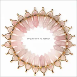 Charms Natural Stone Rose Quartz Pillar Gold Pendant Fashion Healing Charms Pendum Necklace Jewelry Making Wholesale Drop D Mjfashion Dhoat