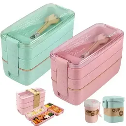 Wheat Straw Lunch Box for Kids Tuppers Food Containers School Camping Supplies Dinnerware Leak-Proof 3 Layer Bento Boxes