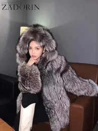 여자 모피 Zadorin 새로운 고급스러운 은색 여성 후드 지퍼 ry 따뜻한 겨울 가짜 사무실 Lady Fur Coats L220829