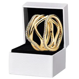 Linha de diamante CZ banhado a ouro amarelo Swirl RING Joias de casamento femininas para pandora 925 prata namorada anéis de presente com conjunto de caixa original