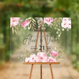 Party-Dekoration, personalisiertes Acryl-Hochzeits-Willkommensschild mit rosa Blumen, moderner Eingang, transparente Tafel