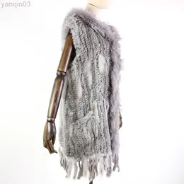 女性のharppihop New Natural Vest Real Rabbit Fur編みGilet with Hood Long Coat Jackets女性冬V-211-05 L220829