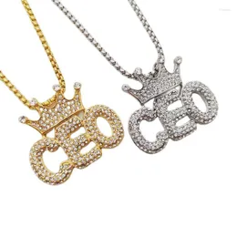 Pendant Necklaces Bling Full Rhinestones Stainless Steel CEO Crown Necklace Hip Hop Rock Dancer Jewelry For Performance