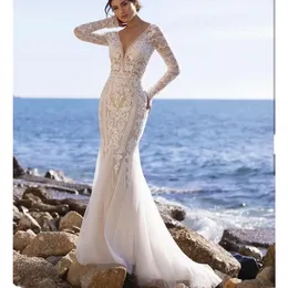 Elegant Boho Mermaid Wedding Dresses Long Sleeves Deep V Neck Sequins Appliques Bridal Gowns Lace Train 3D Lace Hollow Ruffles Sweep Train Vestido de novia