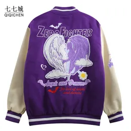 Mens Jackets Streetwear Baseball Jacket Men Embroidery Heart Angel Devil Bomber Coats Hip Hop Fashion Casual Loose Varsity Jackets Unisex 220829