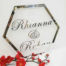 Decorazione per feste Segno di matrimonio esagonale personalizzato Specchio acrilico personalizzato Oro Argento Coppia Nome Sposo Sposa Regali Decori