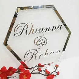 Decoração de festa Custom hexágono signo de casamento personalizado espelho de acrílico dourado casal prateado nomes noivo noivo degores decors