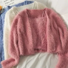 Женский меховой мех сладкий корейский наборы осень кардиган V шея с длинным рукавом розовый мохерский свитер.
