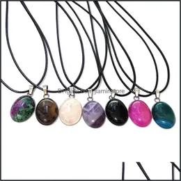 Pendant Necklaces Oval Reiki Stones Turquoise Pink Quartz Charms Pendant Leather Necklace For Women Men Gift Accessories Dhseller2010 Dhduz