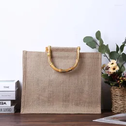 Storage Bags Eco Friendly Tote Bag Portable Burlap Jute Shopping Handbag Bamboo Loop Handles Retro Women Shoulder