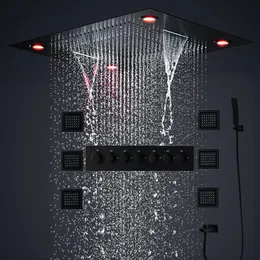 Ванная комната 24-дюймовый термостатический набор для тропического душа Большая светодиодная насадка для душа с дождевым водопадом Массаж Туманная ванна Черная система кранов с 4-дюймовыми форсунками