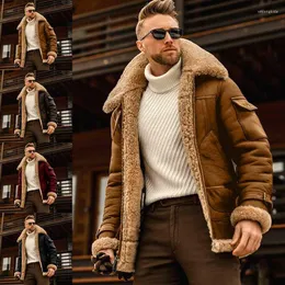 Men's Jackets Men Padded Leather Jacket Fur Lapel Collar Long Sleeve Faux Sheepskin Cashmere Thicken Coat Medieval VintageWinter