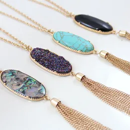 Pendant Necklaces Fashion Oval Abalone Shell Druzy Stone Necklace Long Tassel Metal Chain Pednant Sweater Necklaces Party J Mjfashion Dhyvk