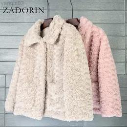 Women's fur Zadorin Korean Fashion Solid Winter Lapel Collar Embossing Faux Rabbit Fur Women Sweet Warm Pink Hairy Teddy Jacket L220829