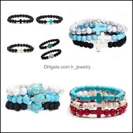 Braccialetti con ciondoli Trendy 8Mm Pietra lavica nera Turchese Bead Sea Turtle Bracciale incrociato Qualche diffusore di oli essenziali per Wom Dhseller2010 Dhwep