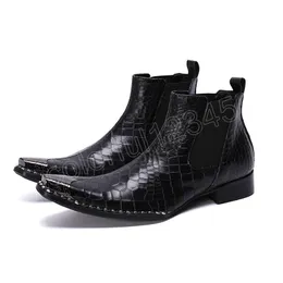 Moda Uomo Stivali a punta Punta in metallo Zip Nero Stivali in vera pelle Uomo Bota Masculina Party Business Botas