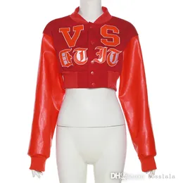 2022 Fall Women Baseball Jacket PU Leather Splicing Tops Sexy Stand Collar Loose Short Coat