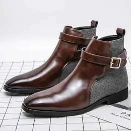 British Botas de tornozelo masculino Sapato de cor sólida Pu costura falsa faupe Belt Burchle Fashion Street Casual All-Match AD032