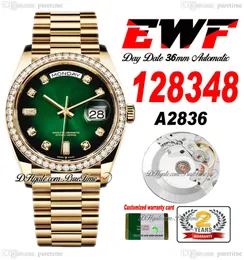 EWF DAG DATUM 128348 A2836 Automatisk unisex -klocka Mens Ladies YG Diamonds Bezel Green Diamond Dial Presidential Armband Samma seriekort Super Edition Puretime A1