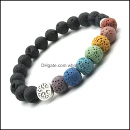 Bärade strängar Mens Black Lava Stone Strand Armband Tree of Life Charms 7 Chakra Beads Armband Women Fashion Jewelry Dhseller2010 DHZFI