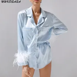 Women's Sleepwear Pajamas For Women 2 Piece Set Restve Feathers Long Sleeve Turn Down Collar Autumn Casual Night Suits With Shorts Satin 220830